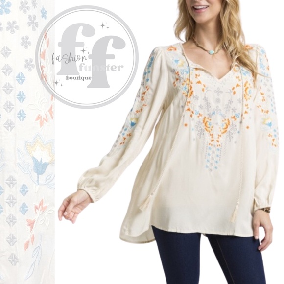 Andree By Unit Embroidered Boho Floral Peasant Flowers Tunic Shirt Blouse Top - Picture 8 of 10